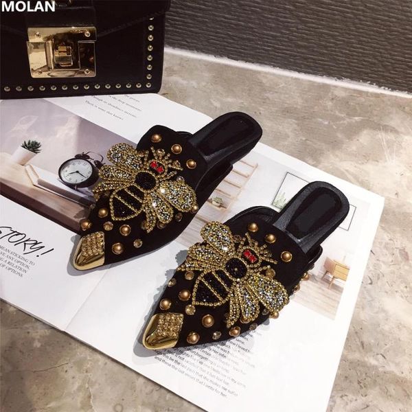 

slippers molan brand designers 2021 autumn fashion luxury rhinestone bee flat slip on loafers mules flip flops size 35-40, Black