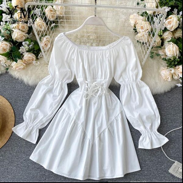 

early autumn retro gothic white womens dresses black bandage mini off shoulder puff sleeve korean vestidos, Black;gray