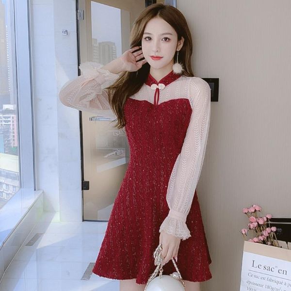 

casual dresses korean fashion long sleeve lace for ladies in 2021 autumn and winter sweet elegant red slim french temperament dress, Black;gray