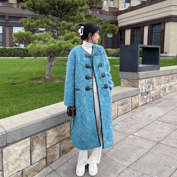 

women's wool & blends solid horn button long straight hooded coats women 2021 winter sleeve korean casual ladies warmness vintage outwe, Black