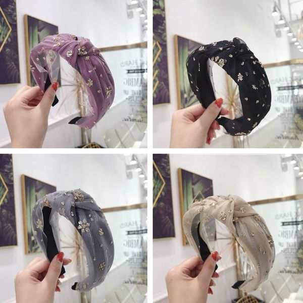 

hair accessories 1 pcs bohemian mesh yarn headband gold sequin hoop knotted wide hairband for women elegant fashion headwear