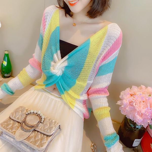 

women's sweaters spring women criss cross femme summer hollow out short striped, White;black