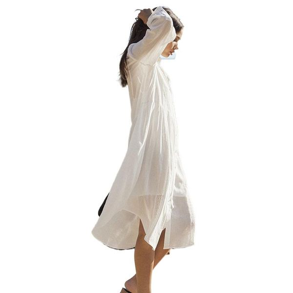 

summer fashion white cotton single-breasted beach maxi dress bikini cover up vacation swimsuit sun protection female women's swimwear, White;black