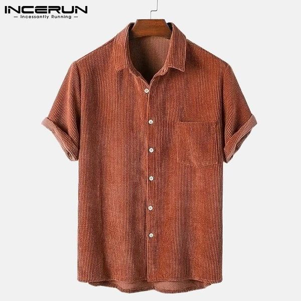 

men's casual shirts summer solid color men shirt corduroy lapel short sleeve button streetwear clothing 2021 pockets camisa s-3xl incer, White;black