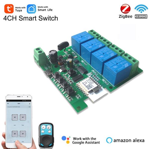 

smart home control tuya zigbee 4ch switch for light/motor,dc 5v 12v module,10a inching relay,alexa,google assitant