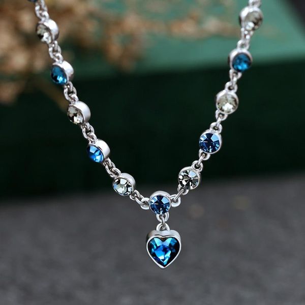 

chains fashion exquisite romantic heart pendant sweet crystal necklace sapphire ladies jewelry wedding, Silver