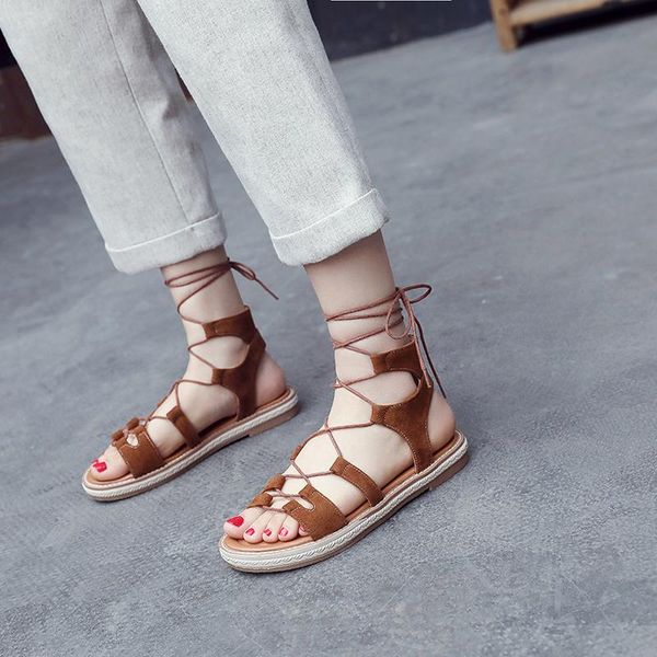 

sandals women cross strap flat summer ladies black apricot caramel lace up style fashion female faux suede shoes m132