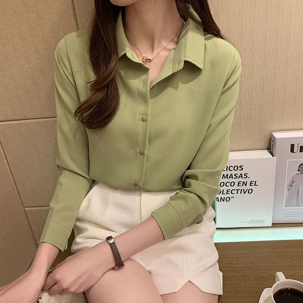 

women's blouses & shirts elegant long sleeve chiffon shirt women fashion slim solid plus size blouse ladies chic casual 2021 spring kor, White
