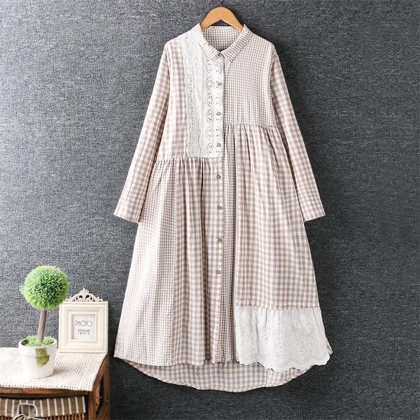

casual dresses 2021 autumn women dress japan style mori girl turndown collar lace embroidery plaid cotton linen long sleeve, Black;gray