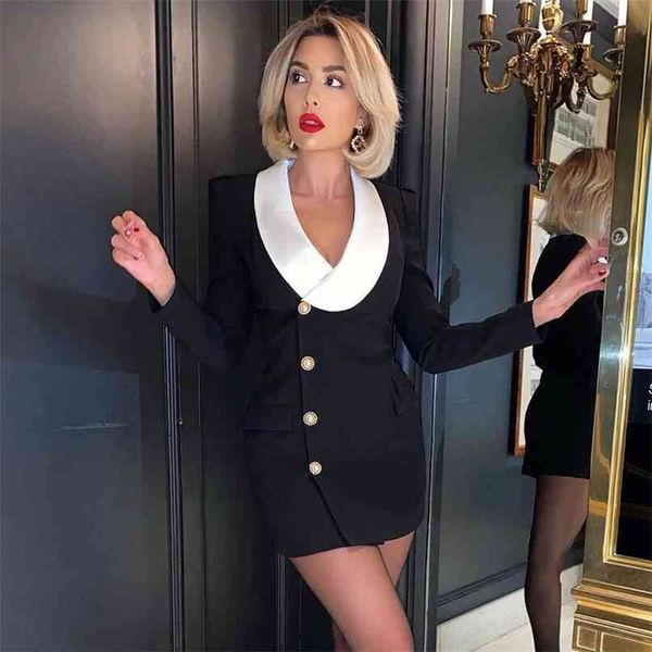 

fashion women long sleeve v neck club mini dress patchwork buttons celebrity evening runway party chic 210507, Black;gray