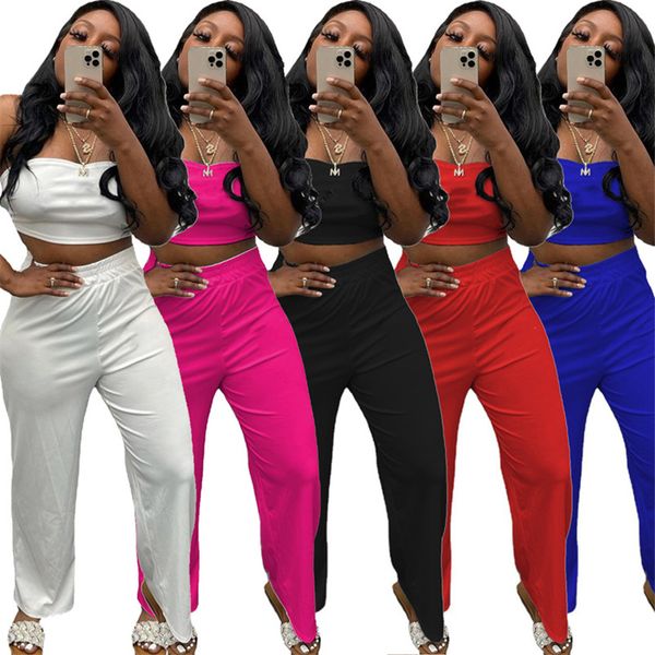 

women plus size two piece sets solid color tracksuits summer clothing strapless grop long pants casual jogger suit sports outfits 4912, Gray