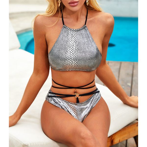 

new snake pu leather wrap around bikini female swimsuit women swimwear two-pieces bikini set bather bathing suit swim lady k2033