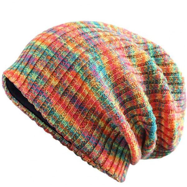 

berets cap loose soft thicken colorful stripe knitted hat for daily wear women, Blue;gray