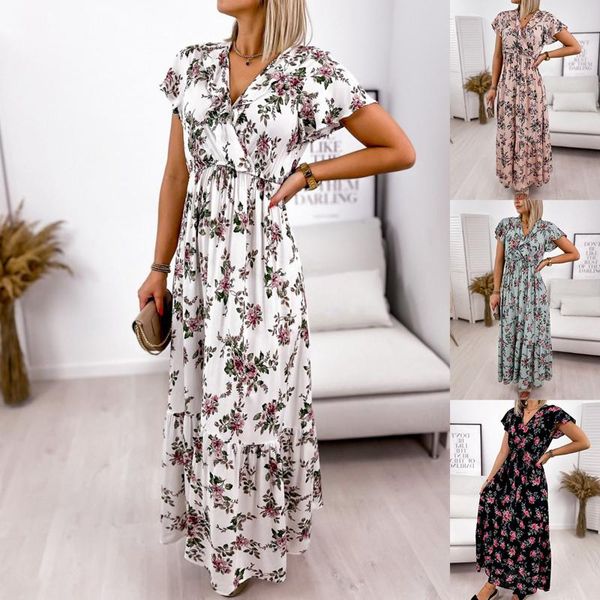 

casual dresses z#robe longue women's floral v neck midi dress summer ladies beach ruffle holiday sundress robe femme Ã©tÃ© vetement 2021, Black;gray