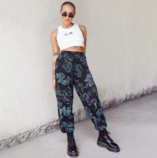 

women's pants & capris chinese dragon printed lacing fashion street casual, Black;white