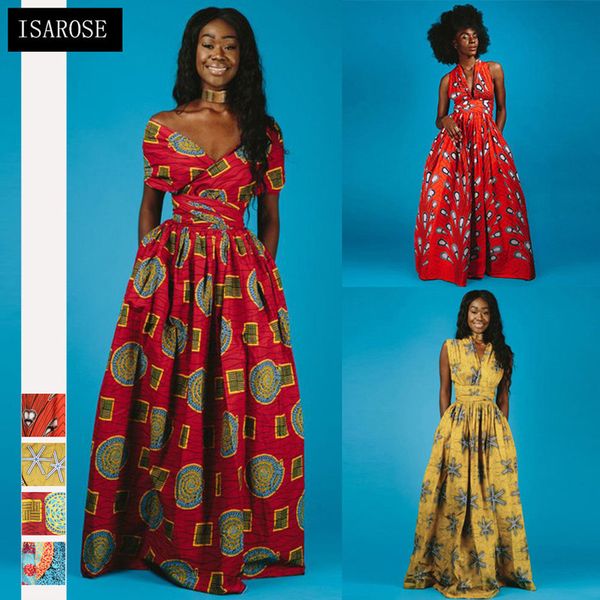 ISAROSE Abito Dashiki femminile Stampato africano Maxi Fasciatura fai-da-te Indossare Bazin Ankara Abiti da festa taglie forti senza maniche per donna 210422