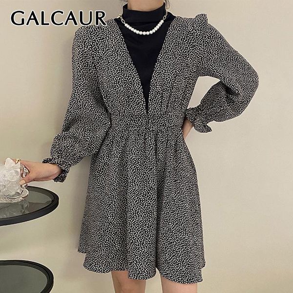 

casual dresses galcaur dot print dress for women turtleneck puff long sleeve high waist ruched oversize hit color mini female 2021 tide, Black;gray
