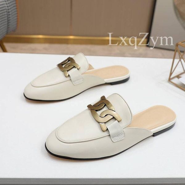 

natural leather half slippers women runway mules loafers lazy shoes metal decor ladies slides brand designer casual shoes woman, Black