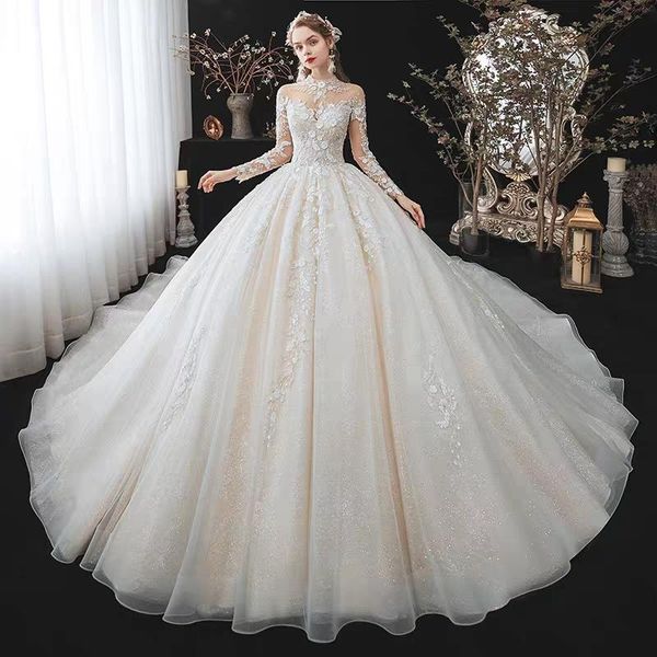 

bridal veils elegant high neckline long sleeves flowers wedding dress, Black