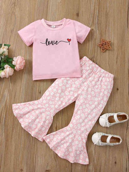 

baby letter graphic tee & allover floral print flare leg pants she, White