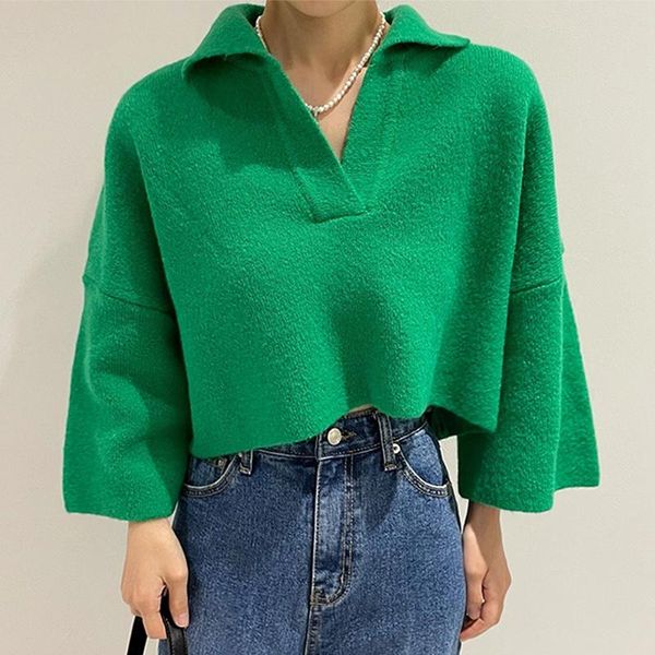 

women's sweaters [ewq] korean chic autumn winter style green lapel pullover loose short 7-sleeve knitted sweater blouse female 2021 16e, White;black
