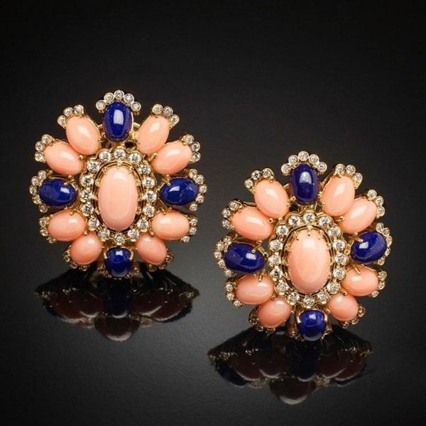 

gorgeous flower crystal coral color stone earring studs charms accessories dark blue ornament female large earrings z5x569 stud, Golden;silver