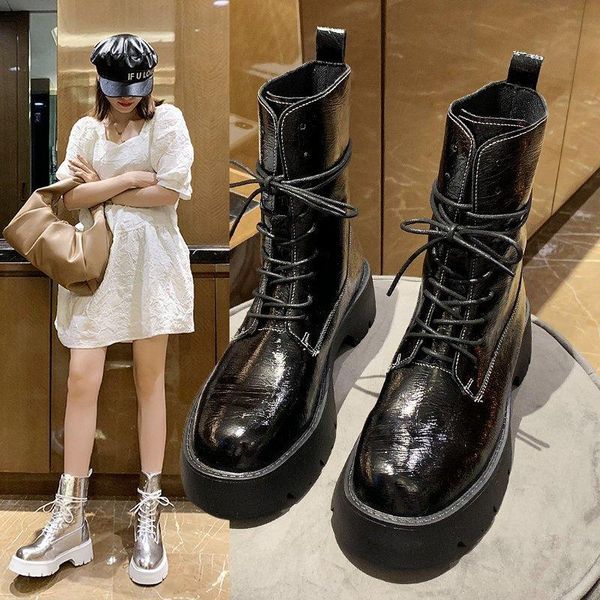 

boots large size 35-40 2021 autumn women's shoes flat heels rain cross-tied vintage woman ladies ankle winter boot, Black