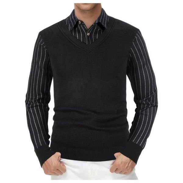 

men's sweaters autumn and winter warm sweater long sleeves turndown collar business casual fake two-piece shirt vest d925#, White;black