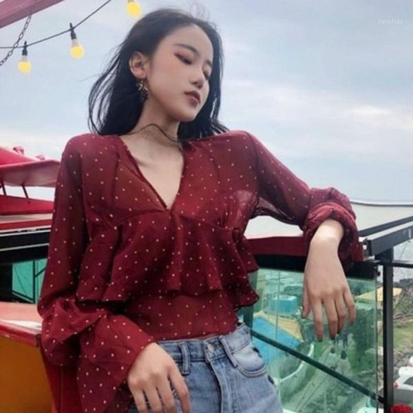 

women's blouses & shirts women boho blouse hong kong-style retro polka-dot v-neck lotus sleeve chiffon 2021 summer young lady holiday t, White