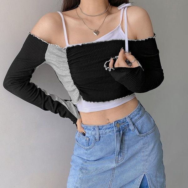 

women's t-shirt wepbel women autumn long sleeve off shoulder crop ruched patchwork slim fit elastic, White
