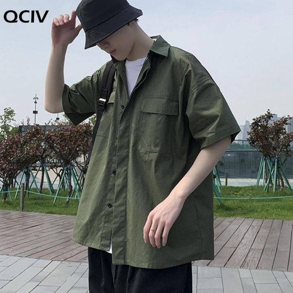 

fashion summer casual men's shirt short half sleeves tooling pocket street men plain loose shirts, White;black