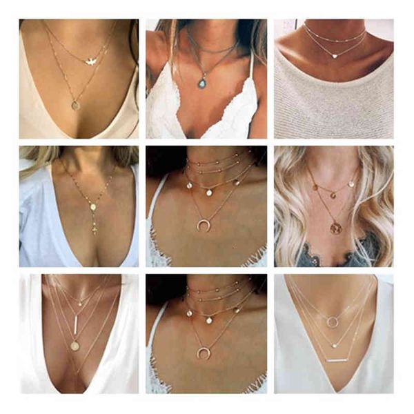 

necklaces pendants 2021 bohemian natural stone beads hearts birds leaves chain for women vintage multi layer jewelry collar, Silver
