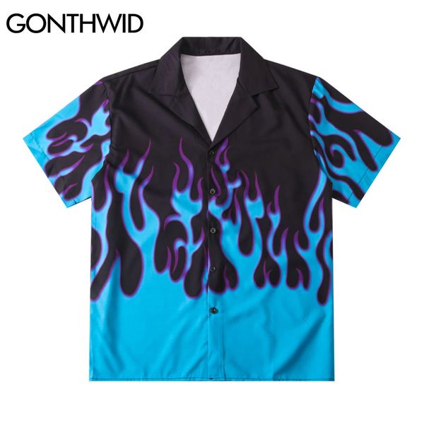 

gonthwid hawaiian beach shirts hip hop fire flame casual button shirt mens summer fashion short sleeve holiday party blouse c0315, White;black