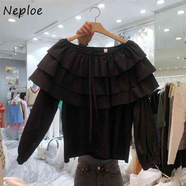 

elegant ruffles patchwork solid blouse women slash neck shoulder strapless long sleeve blusas spring all match lady 210422, White