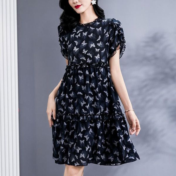 

casual dresses 2021 summer women vintage print elegant o-neck short sleeve high waist 100% pure real silk office lady a-line dress, Black;gray