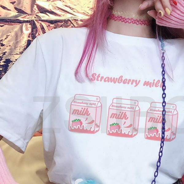 

harajuku strawberry womens t shirts milk japan letter print cute sweet shirt ulzzang summer funny loose casual short sleeve, White