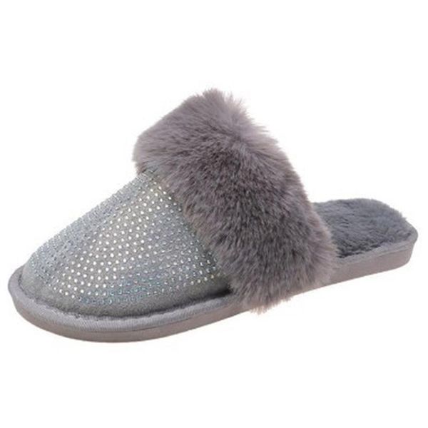 

winter laides indoor plush slippers plus size flock comfortable warm crystal women soft flats shoes, Black