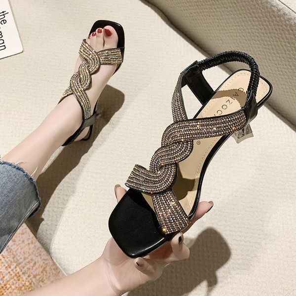 

sandals spring and summer fish mouth open toe with diamond elastic band holiday travel fine-heeled roman women's shoes x884, Black
