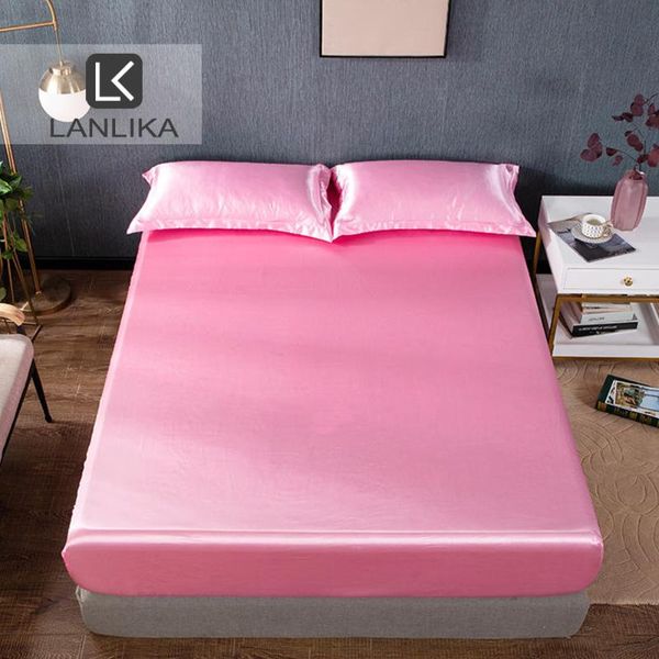 

lanlika 1 piece luxury satin silk pink fitted sheet mattress cover elastic rubber band printed bed for women men sheets & sets