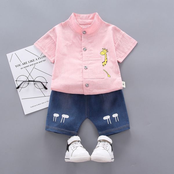 

summer toddler baby boy clothes set solid color cute giraffe shirt denim short pants 2pcs outfits cotton casual clothes, White