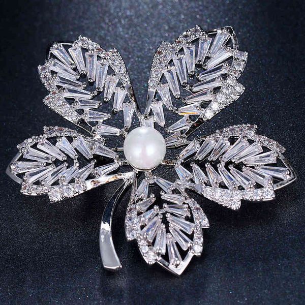 

emmayaelegant handmade white gold/rose gold jewelry cubic zircon pearl brooch for women, Gray