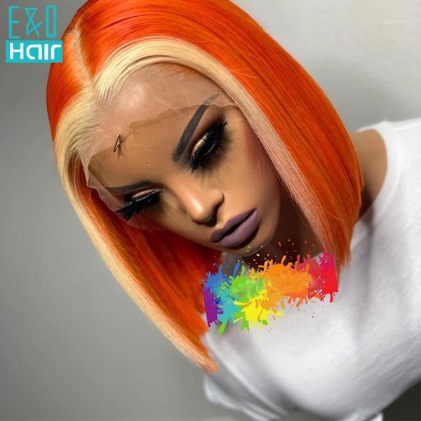 

omber colored orange/grey highlight wig brazilian remy human hair 13x4 lace part wigs for black women transparent 150%1, Black;brown