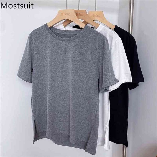 

summer cotton t shirt women short sleeve o-neck solid loose basic tees pullovers korean fashion casual female t-shirt 210513, White
