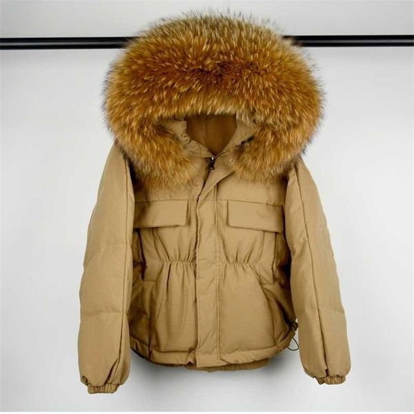 

janveny winter down jacket women waterproof large natural raccoon fur hooded short puffer white duck down coat female parkas 211221, Black