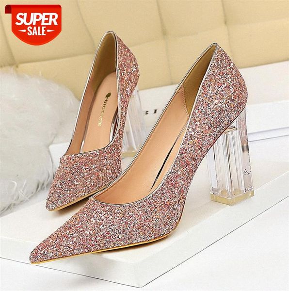 

9217-1 european and american fashion transparent crystal heel thick high shallow mouth pointed nightclub sparkling sequined shoes #vl3y