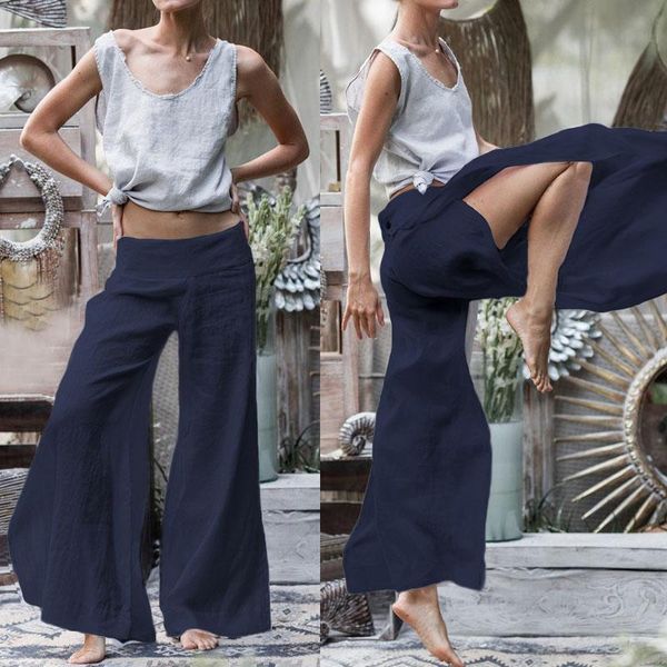 

women's pants & capris 2021 vintage linen pantalones celmia women trousers casual wide leg split button loose femme palazzo plus size 5, Black;white