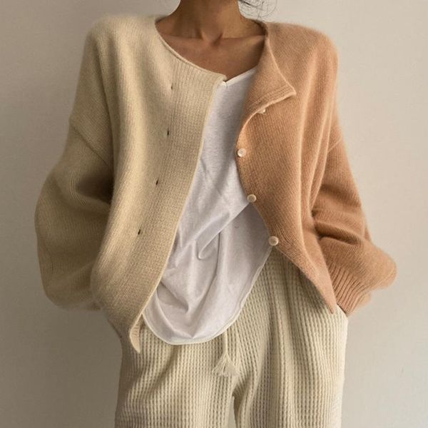 

women's knits & tees patchwork contrast color loose women sweater long sleeve knitted cardigan casual korean fashion autumn winter coat, White