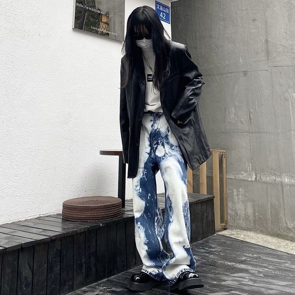 

women's jeans dyed stacked baggy washed loose straight drooping wide leg trousers men denim vintage streetwear tie dye i88w, Blue