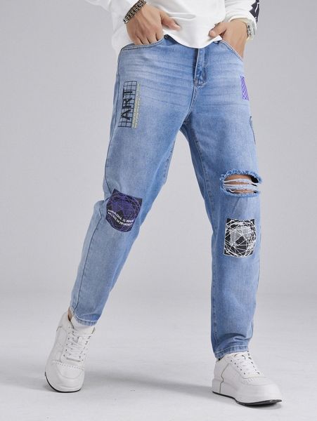 

men slogan graphic ripped straight leg jeans y5qv#, Blue