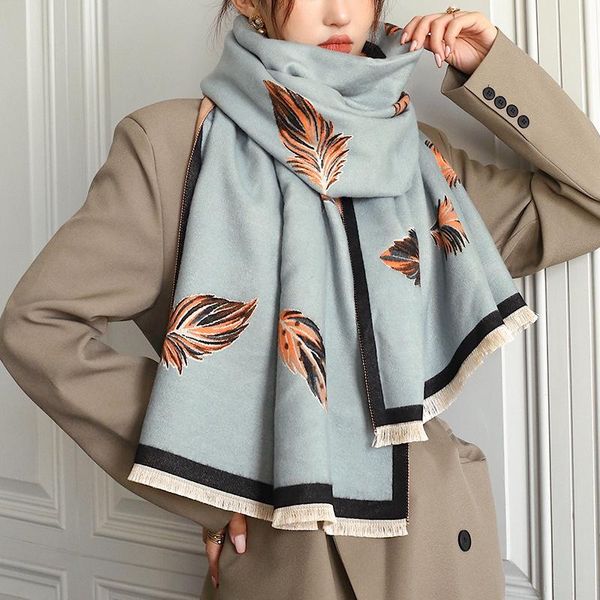

scarves luxury feathe print cashmere winter scarf thick warm pashmina shawls wraps lady blanket echarpe bufanda, Blue;gray